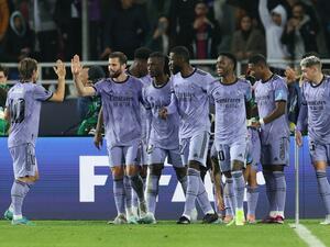 Real Madrid's players celebrate their third goal during the FIFA Club World Cup semi-final football match between Egypt's Al-Ahly and Spain's Real Madrid at the Prince Moulay Abdellah Stadium in Rabat on February 8, 2023. (Photo by FADEL SENNA / AFP)
