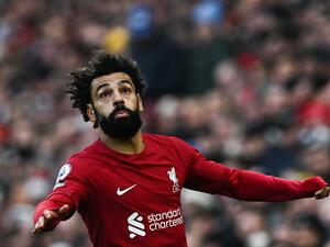 Liverpool's Egyptian striker Mohamed Salah reacts during the English Premier League football match between Liverpool and Chelsea at Anfield in Liverpool, north west England on January 21, 2023. (Photo by Paul ELLIS / AFP)