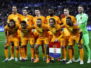 Netherlands' layers pose prior to the UEFA Euro 2024 qualification football match between France and Netherlands at the Stade de France in Saint-Denis, north of Paris, on March 24, 2023. (Photo by Anne-Christine POUJOULAT / AFP)