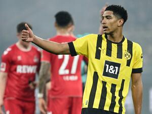 Dortmund's English midfielder Jude Bellingham gestures during the German first division Bundesliga football match between Borussia Dortmund and FC Cologne in Dortmund on March 18, 2023. (Photo by INA FASSBENDER / AFP)