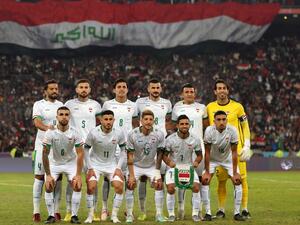 Iraq's starting eleven pose for a group photo before the start of the 25th Arabian Gulf Cup final football match between Iraq and Oman at the Basra International Stadium in Iraq's southern city on January 19, 2023. (Photo by Hussein FALEH / AFP)