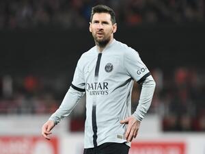 Paris Saint-Germain's Argentine forward Lionel Messi reacts during the French L1 football match between Stade Brestois 29 (Brest) and Paris Saint-Germain FC at Stade Francis-Le Ble in Brest, western France on March 11, 2023. (Photo by FRED TANNEAU / AFP)