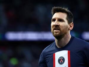 Paris Saint-Germain's Argentine forward Lionel Messi reacts during the French L1 football match between Paris Saint-Germain (PSG) and Stade Rennais FC at The Parc des Princes Stadium in Paris on March 19, 2023. (Photo by Anne-Christine POUJOULAT / AFP)