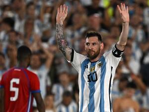 Argentina's forward Lionel Messi celebrates after scoring during the friendly football match between Argentina and Panama, at the Monumental stadium in Buenos Aires, on March 23, 2023. (Photo by Luis ROBAYO / AFP)