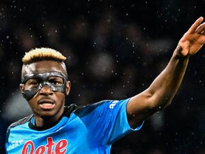 Napoli's Nigerian forward Victor Osimhen reacts during the Italian Serie A football match between Napoli and Lazio on March 3, 2023 at the Diego-Maradona stadium in Naples. (Photo by Alberto PIZZOLI / AFP)