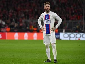 Paris Saint-Germain's Spanish defender Sergio Ramos reacts after the UEFA Champions League round of 16, 2nd-leg football match FC Bayern Munich v Paris Saint-Germain FC in Munich, southern Germany, on March 8, 2023. (Photo by FRANCK FIFE / AFP)