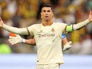 Nassr's Portuguese forward Cristiano Ronaldo reacts during the Saudi Pro League football match between al-Ittihad and al-Nassr at King Abdullah Sport City Stadium in Jeddah on March 9, 2023. (Photo by AFP)