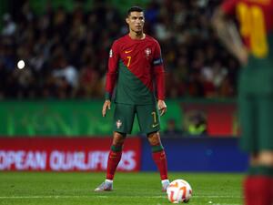Portugal's forward Cristiano Ronaldo stands on the pitch during the UEFA Euro 2024 qualification match between Portugal and Liechtenstein at the Jose Alvalade stadium in Lisbon on March 23, 2023. (Photo by CARLOS COSTA / AFP)