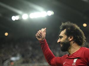 Liverpool's Egyptian striker Mohamed Salah reacts during the English Premier League football match between Newcastle United and Liverpool at St James' Park in Newcastle-upon-Tyne, north east England on February 18, 2023. (Photo by Oli SCARFF / AFP)