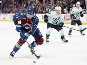 DENVER, COLORADO - APRIL 20: Valeri Nichushkin #13 of the Colorado Avalanche looks for an opening against the Seattle Kraken in the second period in Game Two of the First Round of the 2023 Stanley Cup Playoffs at Ball Arena on April 20, 2023 in Denver, Colorado. Matthew Stockman/Getty Images/AFP (Photo by MATTHEW STOCKMAN / GETTY IMAGES NORTH AMERICA / Getty Images via AFP)
