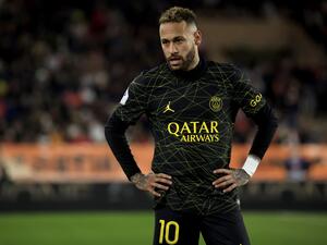 Paris Saint-Germain's Brazilian forward Neymar reacts during the French L1 football match between Monaco and Paris Saint-Germain (PSG) at the Louis II stadium in Monaco on February 11, 2023. (Photo by Valery HACHE / AFP)