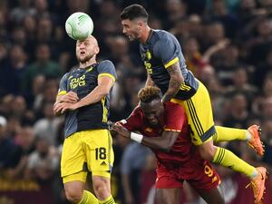 From L: Feyenoord's Austrian defender Gernot Trauner, Roma's British forward Tammy Abraham and Feyenoord's Argentinian defender Marcos Senesi vie for the ball during the UEFA Europa Conference League final football match between AS Roma and Feyenoord at the Air Albania Stadium in Tirana on May 25, 2022. (Photo by OZAN KOSE / AFP)