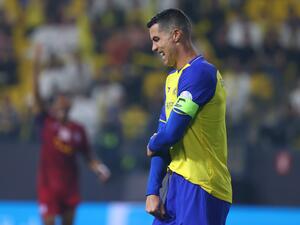 Nassr's Portuguese forward Cristiano Ronaldo reacts during the Saudi Pro League football match between Abha and al-Nassr at Mrsool Park Stadium in Riyadh on March 18, 2023. (Photo by Fayez NURELDINE / AFP)