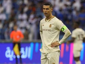 Nassr's Portuguese forward Cristiano Ronaldo looks on during the Saudi Pro League football match between Al-Hilal and Al-Nassr at the Prince Faisal Bin Fahd stadium in the capital Riyadh on April 18, 2023. (Photo by Fayez Nureldine / AFP)