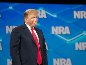 Former president Donald Trump speaking during the NAtional Rifle Association Annual Meeting in Houston