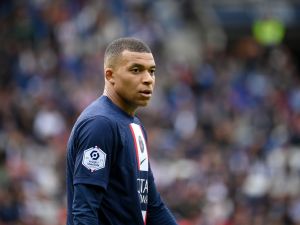 Paris Saint-Germain's French forward Kylian Mbappe looks on during the French L1 football match between Paris Saint-Germain (PSG) and FC Lorient at The Parc des Princes Stadium in Paris on April 30, 2023. (Photo by FRANCK FIFE / AFP)