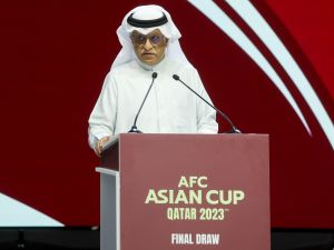 President of the Asian Football Confederation (AFC) Sheikh Salman bin Ibrahim al-Khalifa delivers a speech during the draw for the AFC Asian Cup in Doha on May 11, 2023. (Photo by KARIM JAAFAR / AFP)