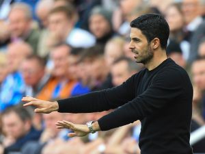Arsenal's Spanish manager Mikel Arteta gestures during the English Premier League football match between Newcastle United and Arsenal at St James' Park in Newcastle-upon-Tyne, north east England on May 7, 2023. (Photo by Lindsey Parnaby / AFP)