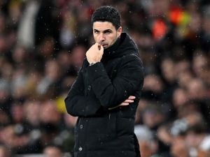 Arsenal's Spanish manager Mikel Arteta reacts during the UEFA Europa League round of 16, second-leg football match between Arsenal and Sporting Lisbon at the Emirates Stadium in London on March 16, 2023. (Photo by Glyn KIRK / AFP)