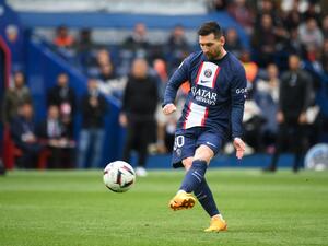 Paris Saint-Germain's Argentine forward Lionel Messi kicks the ball during the French L1 football match between Paris Saint-Germain (PSG) and FC Lorient at The Parc des Princes Stadium in Paris on April 30, 2023. (Photo by FRANCK FIFE / AFP)