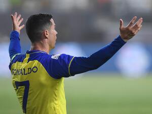 Nassr's Portuguese forward Cristiano Ronaldo reacts during the Saudi Pro League football match between Al-Nassr and Al-Raed at the al-Awwal Park Stadium in the Saudi capital Riyadh on April 28, 2023. (Photo by AFP)