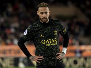 Paris Saint-Germain's Brazilian forward Neymar reacts during the French L1 football match between Monaco and Paris Saint-Germain (PSG) at the Louis II stadium in Monaco on February 11, 2023. (Photo by Valery HACHE / AFP)