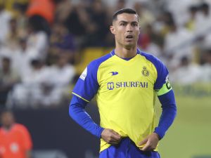 Nassr's Portuguese forward Cristiano Ronaldo looks on during the Saudi Pro League football match between Al-Nassr and Al-Khaleej at the al-Awwal Park Stadium in the Saudi capital Riyadh on May 8, 2023. (Photo by Fayez NURELDINE / AFP)