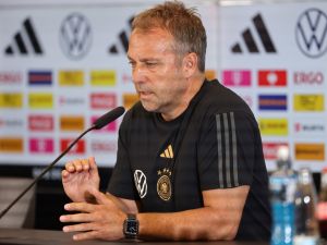 Germany's coach Hans-Dieter Flick addresses journalists during a press conference in Frankfurt am Main, western Germany, on June 11, 2023, on the eve of the friendly football match between Germany and Ukraine to be played in Bremen, northern Germany. (Photo by Daniel ROLAND / AFP)