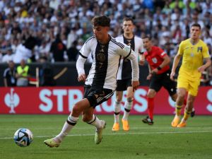 Germany's midfielder Kai Havertz plays the ball during the International Friendly football match between Germany and Ukraine, in Bremen, northern Germany on June 12, 2023. (Photo by Focke Strangmann / AFP)