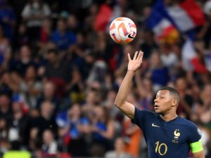 France's forward Kylian Mbappe reacts at the end of the UEFA Euro 2024 group B qualification football match between France and Greece at the Stade de France in Saint-Denis, in the northern outskirts of Paris, on June 19, 2023. (Photo by FRANCK FIFE / AFP)