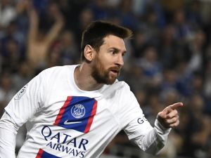 Paris Saint-Germain's Argentine forward Lionel Messi celebrates scoring his team's first goal during the French L1 football match between RC Strasbourg Alsace and Paris Saint-Germain (PSG) at Stade de la Meinau in Strasbourg, eastern France on May 27, 2023. (Photo by Jean-Christophe Verhaegen / AFP)