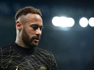 Paris Saint-Germain's Brazilian forward Neymar reacts during the French L1 football match between Paris Saint-Germain (PSG) and Stade de Reims at the Parc des Princes stadium in Paris on January 29, 2023. (Photo by Anne-Christine POUJOULAT / AFP)