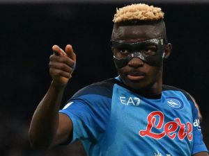 Napoli's Nigerian forward Victor Osimhen celebrates after opening the scoring during the Italian Serie A football match between Napoli and Sampdoria on June 4, 2023 at the Diego-Maradona stadium in Naples. (Photo by Tiziana FABI / AFP)