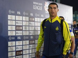 Nassr's Portuguese forward Cristiano Ronaldo arrives ahead of the Saudi Pro League football match between Al-Nassr and Al-Ettifaq at the Prince Mohammed Bin Fahd Stadium in Dammam on May 27, 2023. (Photo by AFP)