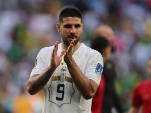 Serbia's forward #09 Aleksandar Mitrovic reacts at the end of the Qatar 2022 World Cup Group G football match between Cameroon and Serbia at the Al-Janoub Stadium in Al-Wakrah, south of Doha on November 28, 2022. (Photo by Adrian DENNIS / AFP)