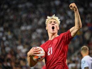 Denmark's forward Rasmus Hojlund celebrates after scoring a goal during Group H Euro 2024 Qualifying match between Slovenia and Denmark at the Stozice Stadium in Ljubljana, Slovenia on June 19, 2023. (Photo by Jure Makovec / AFP)
