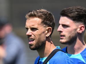 England's midfielder Jordan Henderson reacts as he attends an England training session at St George’s Park in Burton-Upon-Trent, on June 13, 2023 ahead of of their UEFA Euro 2024 Group C qualifiers match against Malta. (Photo by Paul ELLIS / AFP)
