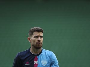 Arsenal's Italian midfielder Jorginho looks on before the start of the UEFA Europa League last 16 first leg football match between Sporting CP and Arsenal at Jose Alvalade stadium in Lisbon on March 9, 2023. (Photo by FILIPE AMORIM / AFP)