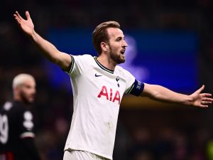 Tottenham Hotspur's English striker Harry Kane reacts during the UEFA Champions League round of 16, first leg football match between AC Milan and Tottenham Hotspur on February 14, 2023 at the San Siro stadium in Milan. (Photo by Marco BERTORELLO / AFP)