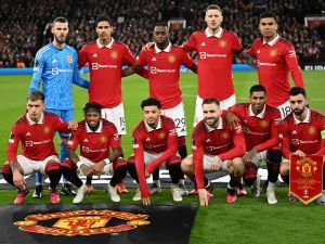 Manchester United's players pose for team photo during the UEFA Europa league knockout round play-off second leg football match between Manchester United and FC Barcelona at Old Trafford stadium in Manchester, north west England, on February 23, 2023. (Photo by Oli SCARFF / AFP)