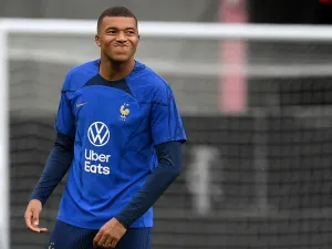 France's forward Kylian Mbappe reacts during a training session at the Stade de France in Saint-Denis, north of Paris on June 18, 2023, on the eve of the UEFA Euro 2024 football tournament qualifying match against Greece. (Photo by FRANCK FIFE / AFP)