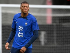 France's forward Kylian Mbappe reacts during a training session at the Stade de France in Saint-Denis, north of Paris on June 18, 2023, on the eve of the UEFA Euro 2024 football tournament qualifying match against Greece. (Photo by FRANCK FIFE / AFP)