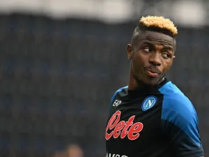 Napoli's Nigerian forward Victor Osimhen warms up prior to the Italian Serie A football match between Napoli and Sampdoria on June 4, 2023 at the Diego-Maradona stadium in Naples. (Photo by Tiziana FABI / AFP)