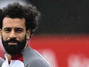 Liverpool's Egyptian striker Mohamed Salah takes part in a training session at Liverpool training ground in Liverpool, northwest England, on March 14, 2023, on the eve of their UEFA Champions League round of 16 last second-leg football match against Real Madrid. (Photo by Paul ELLIS / AFP)