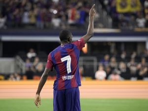 Ousmane Dembélé #7 of FC Barcelona gestures on the field after scoring a goal during the first half of the pre-season friendly match against Real Madrid at AT&T Stadium on July 29, 2023 in Arlington, Texas. Sam Hodde/Getty Images/AFP (Photo by Sam Hodde / GETTY IMAGES NORTH AMERICA / Getty Images via AFP)