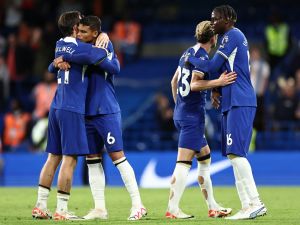 Chelsea's English defender #21 Ben Chilwell, Chelsea's Brazilian defender #06 Thiago Silva, Chelsea's English midfielder #23 Conor Gallagher and Chelsea's French midfielder #16 Lesley Ugochukwu celebrate at the end of the English Premier League football match between Chelsea and Luton at Stamford Bridge in London on August 25, 2023. (Photo by HENRY NICHOLLS / AFP) 