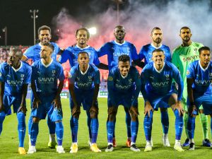 The starting eleven of Saudi Arabia's Al-Hilal pose for a group photo before the start of their 2023 Arab Club Champions Cup group B football match against Libya's Al-Ahli Tripoli at the Prince Sultan bin Abdul Aziz Stadium in Abha on July 27, 2023. (Photo by AFP)