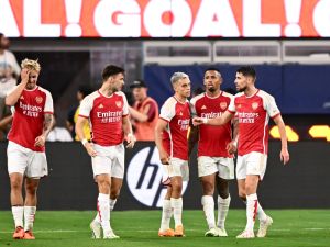 Arsenal's Belgian midfielder Leandro Trossard (3L) celebrates scoring his team's fourth goal during a pre-season friendly football match between Arsenal FC and FC Barcelona at SoFi Stadium in Inglewood, California, on July 26, 2023. (Photo by Patrick T. Fallon / AFP)