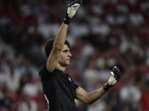 Sevilla's Moroccan goalkeeper #13 Yassine Bounou "Bono" gestures during the Spanish Liga football match between Sevilla FC and Valencia CF at the Ramon Sanchez Pizjuan stadium in Seville on August 11, 2023. (Photo by CRISTINA QUICLER / AFP)