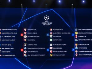 This photograph taken on August 31, 2023 shows a screen displaying the fixtures for the group stage of the UEFA Champions League football cup after the draw for the 2023/2024 UEFA Champions League football tournament at The Grimaldi Forum in the Principality of Monaco. (Photo by NICOLAS TUCAT / AFP)